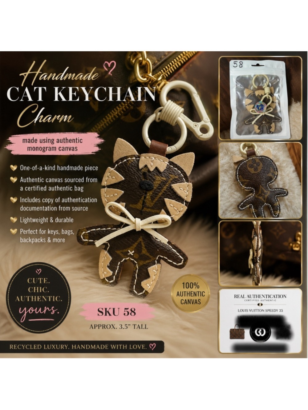 Handmade Cat Keychain Charm Using Authentic Monogram Canvas | Cream Bow | SKU 58 - Picture 1 of 6